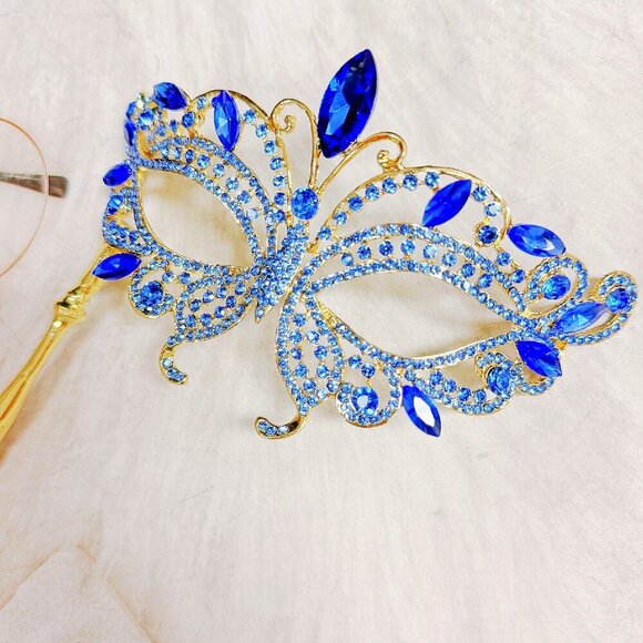 Blue Masquerade Mask, Met Gala Stick Mask, Gold Masquerade Ball Mask, Prom Mask - Picture 5 of 7